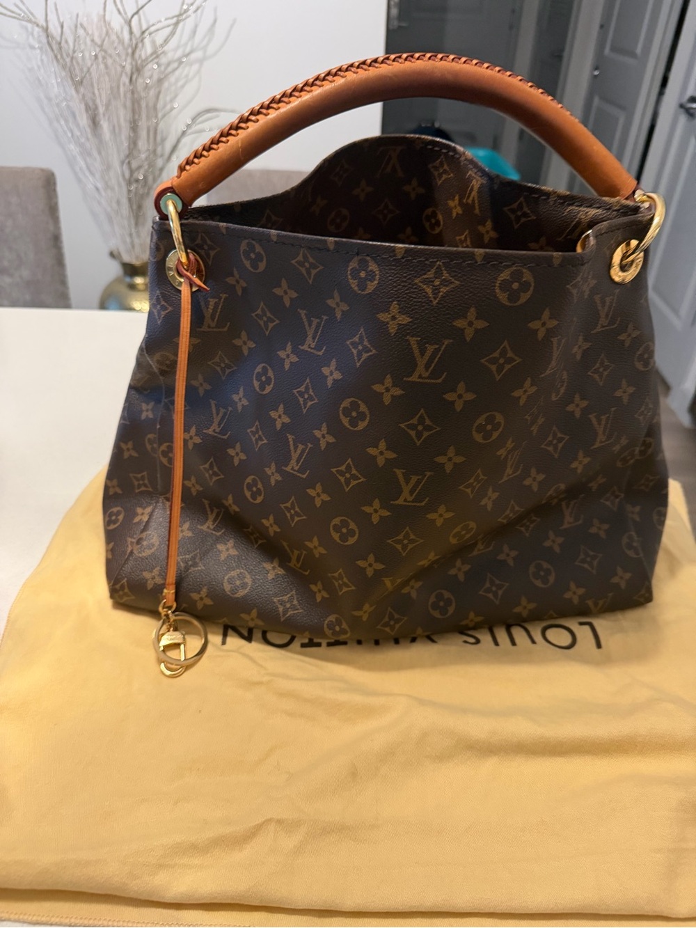 Louis Vuitton Monogram Canvas Shoulder Hobo in Brown with Tan Handle